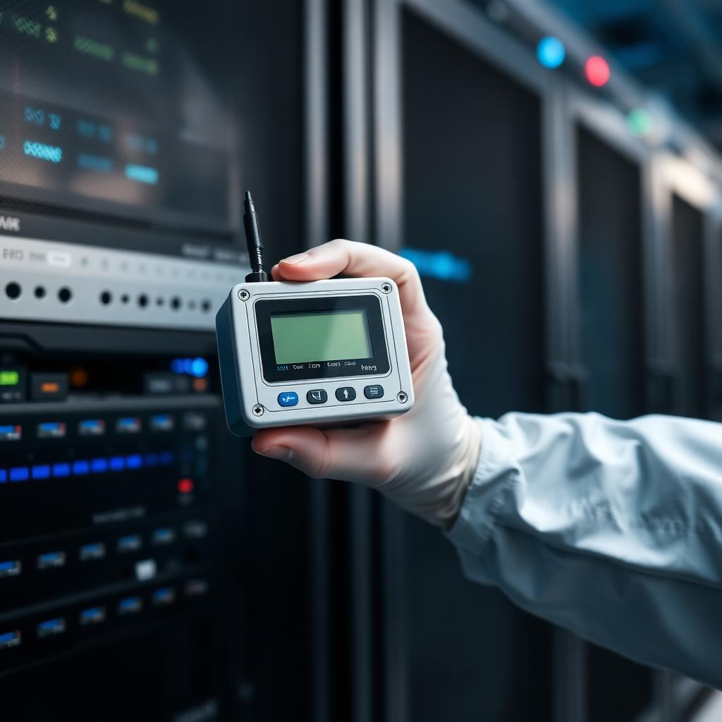 Datalogger de qualificação técnica em frente a rack de Data Center